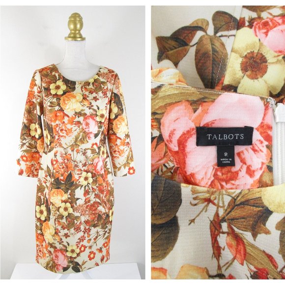 SOLDTalbots Golden Orange Autumn Floral Sheath Dress 8 - Picture 1 of 10